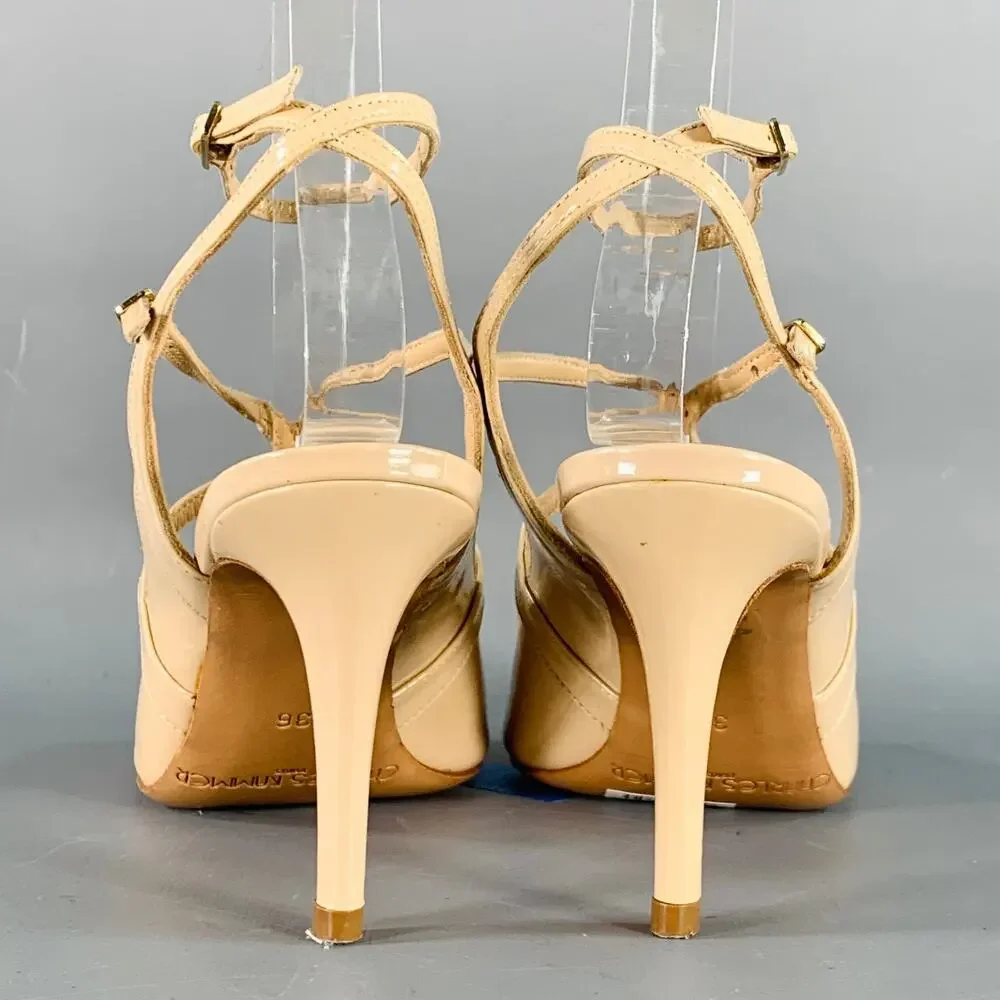 CHARLES KAMMER Size 6 Beige Nude Patent Leather Peep Toe Strappy Sandals